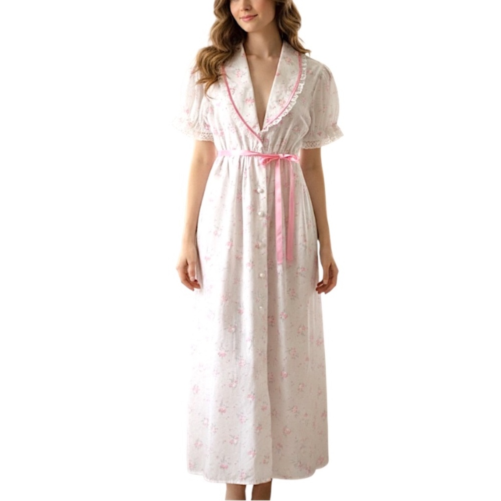 Vintage 80s cotton blend white pink floral puff sleeve cottagecore night dress S